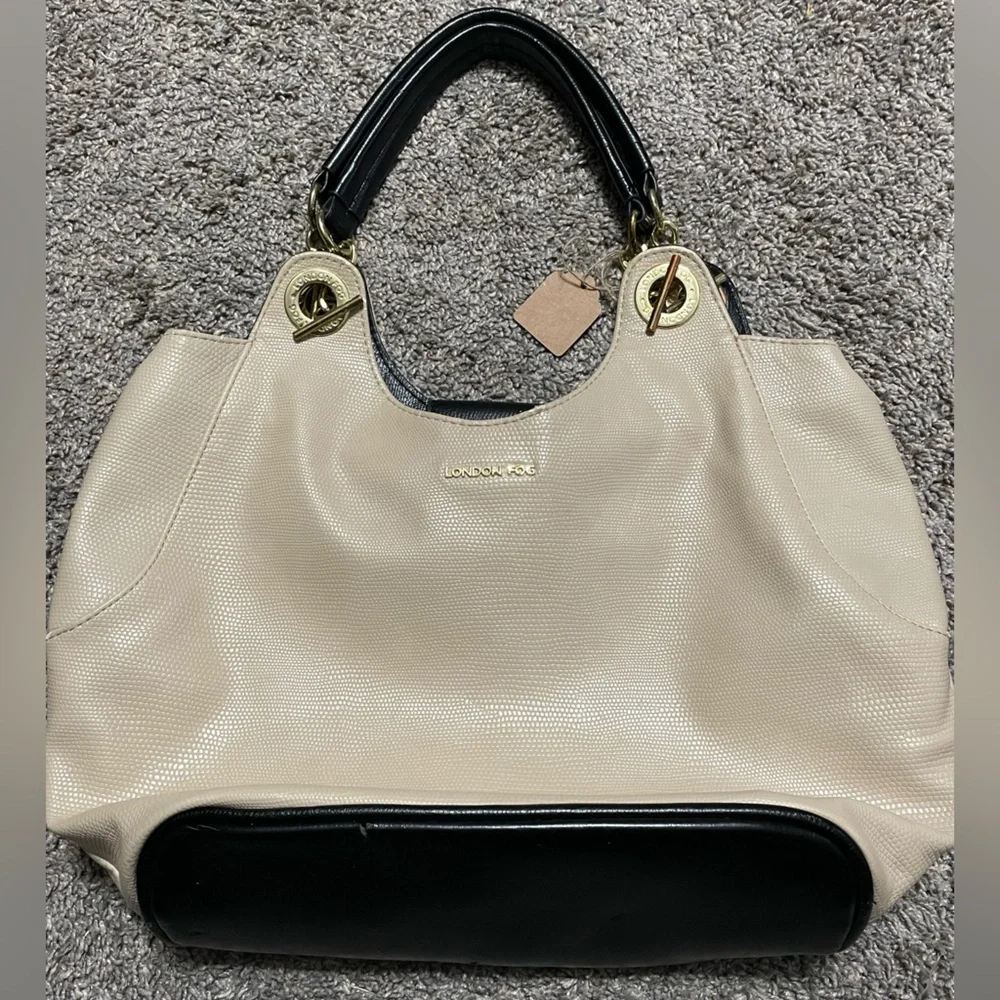London Fog shoulder bag Women’s Cream Black Gold trim tote purse handbag boho